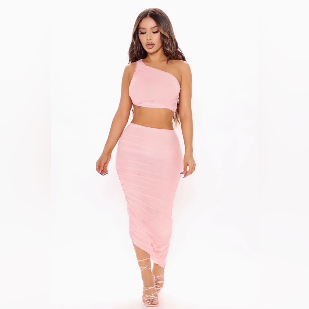 Blush Pink Love Story Mesh Bodycon Skirt Set Crop Top Maxi Skirt Size Small NWT